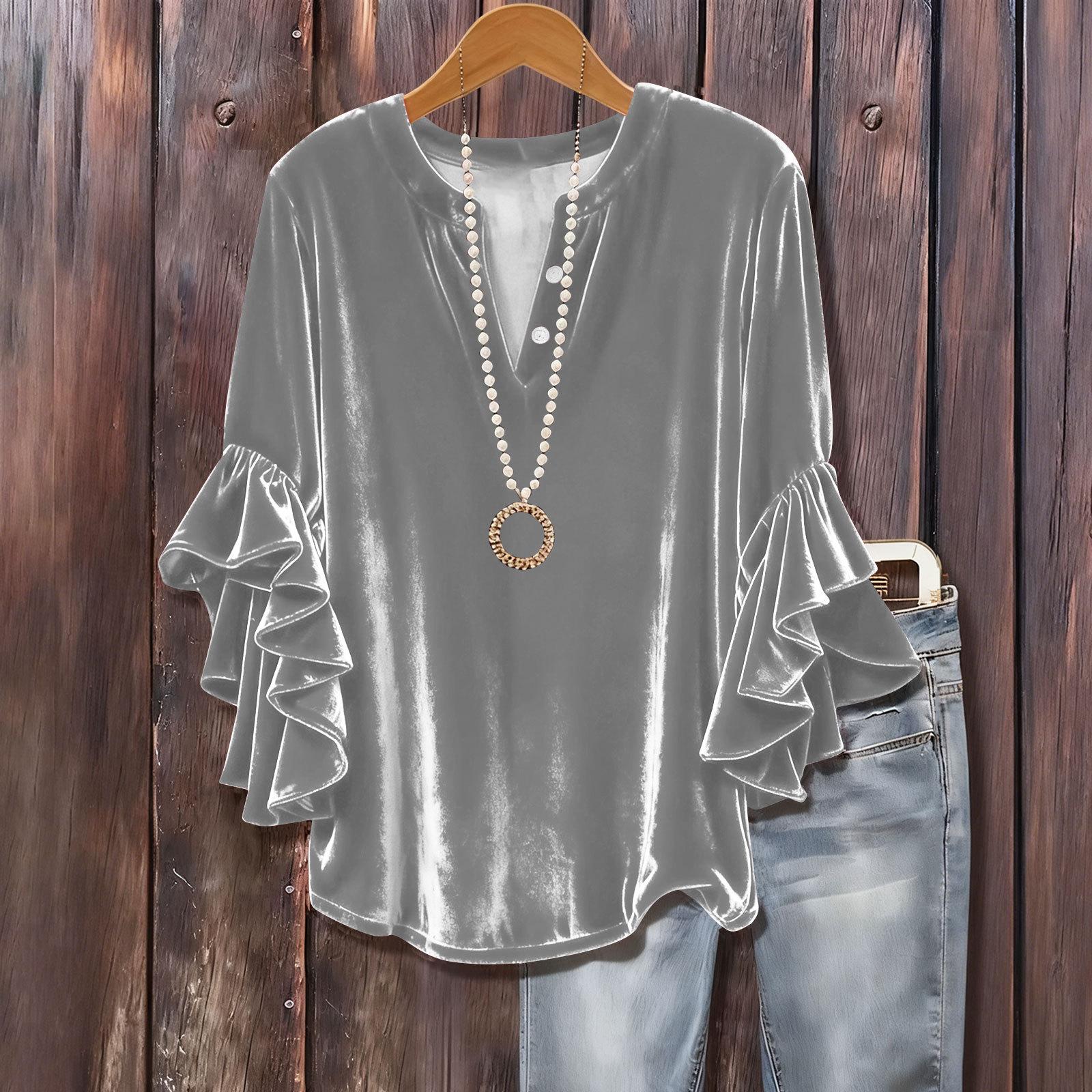 Жіночий модний однотонний топ з V-подібним вирізом, рукавом сім чвертей, на ґудзиках, універсальний, вільного крою, з рукавами-кльош, з золотого велюру L світло-сірий колір
Жіночий модний однотонний топ з V-подібним вирізом, рукавом сім чвертей, на ґудзиках, універсальний, вільного крою, з рукавами-кльош, з золотого велюру L світло-сірий колір