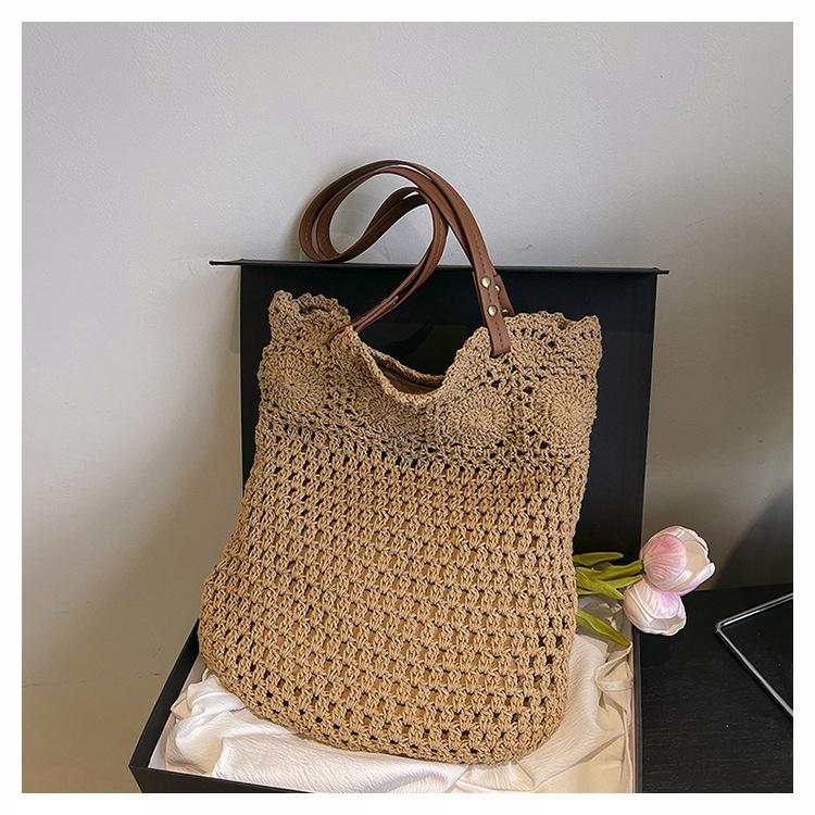 Новая пляжная плетеная сумка-подмышка, женская модная ажурная сумка-ведро, большая вместительная сумка на плечо хаки