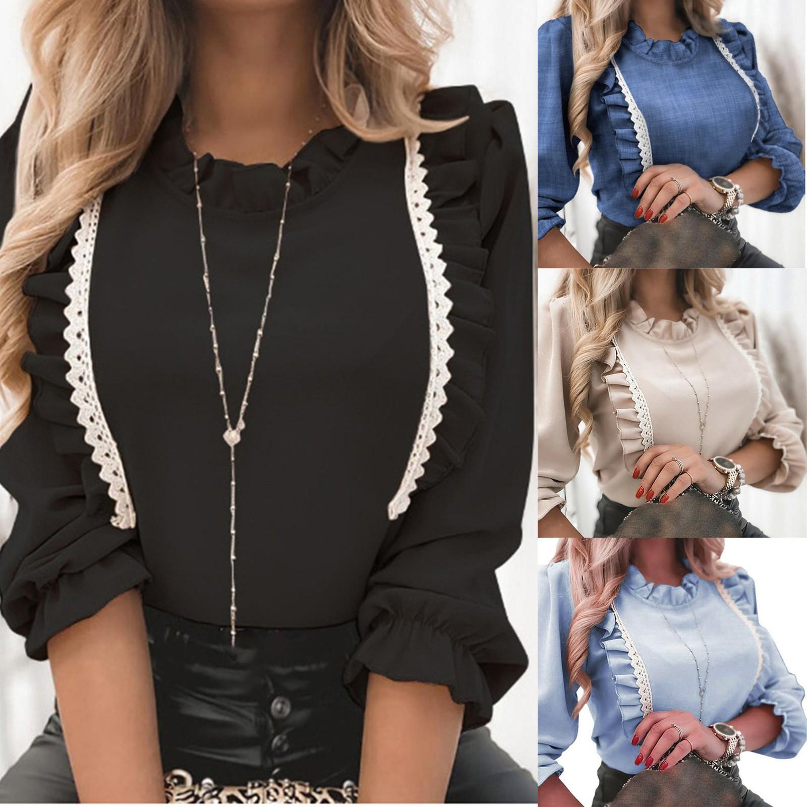 Women s Casual Fashion Solid Color Ruffled Lace Stitching Stand Collar Long-sleeve Pullover Shirt
Women s Casual Fashion Solid Color Ruffled Lace Stitching Stand Collar Long-sleeve Pullover Shirt