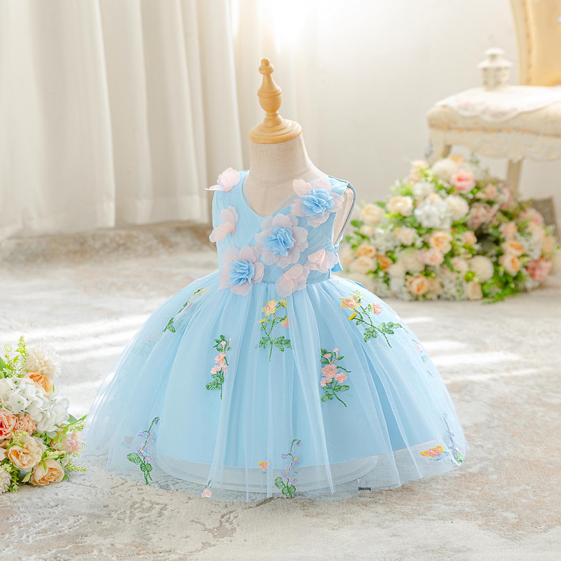 Платье на день рождения для девочек, зеленое, в лесном стиле, вышитое, из пышного тюля, 2025 110cm/2-3 Years небесно-голубой