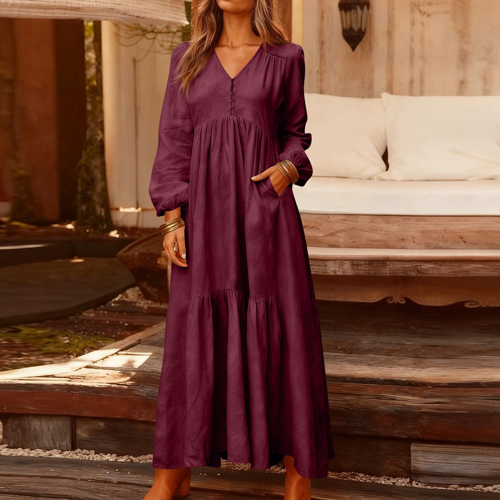 Women s Fashionable Solid Color V-neck Long Sleeved Loose Button Cotton Linen Retro Large Swing Long Casual Dress XXL
Women s Fashionable Solid Color V-neck Long Sleeved Loose Button Cotton Linen Retro Large Swing Long Casual Dress XXL