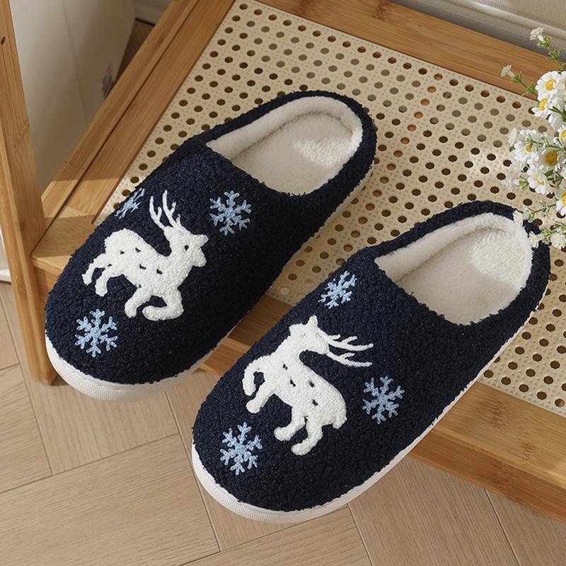 Модные мультяшные лоси, милые плюшевые домашние тапочки для женщин, зима 2025, теплые, пушистые, меховые, парные рождественские тапочки, мягкие шлепанцы на плоской подошве 44-45 синий