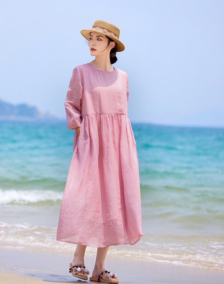 Johnature Женское осеннее винтажное ретро-платье с круглым вырезом, нишевое однотонное платье с длинными рукавами L светло-фиолетовый