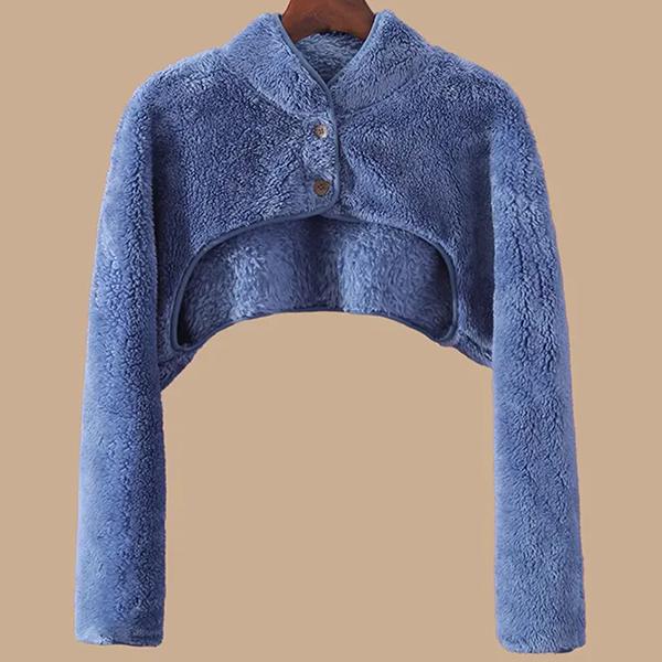 WTEMPO Большие размеры, однотонные теплые длинные рукава, женские коралловые бархатные плюшевые наплечники, короткие топы на пуговицах 4XL синий