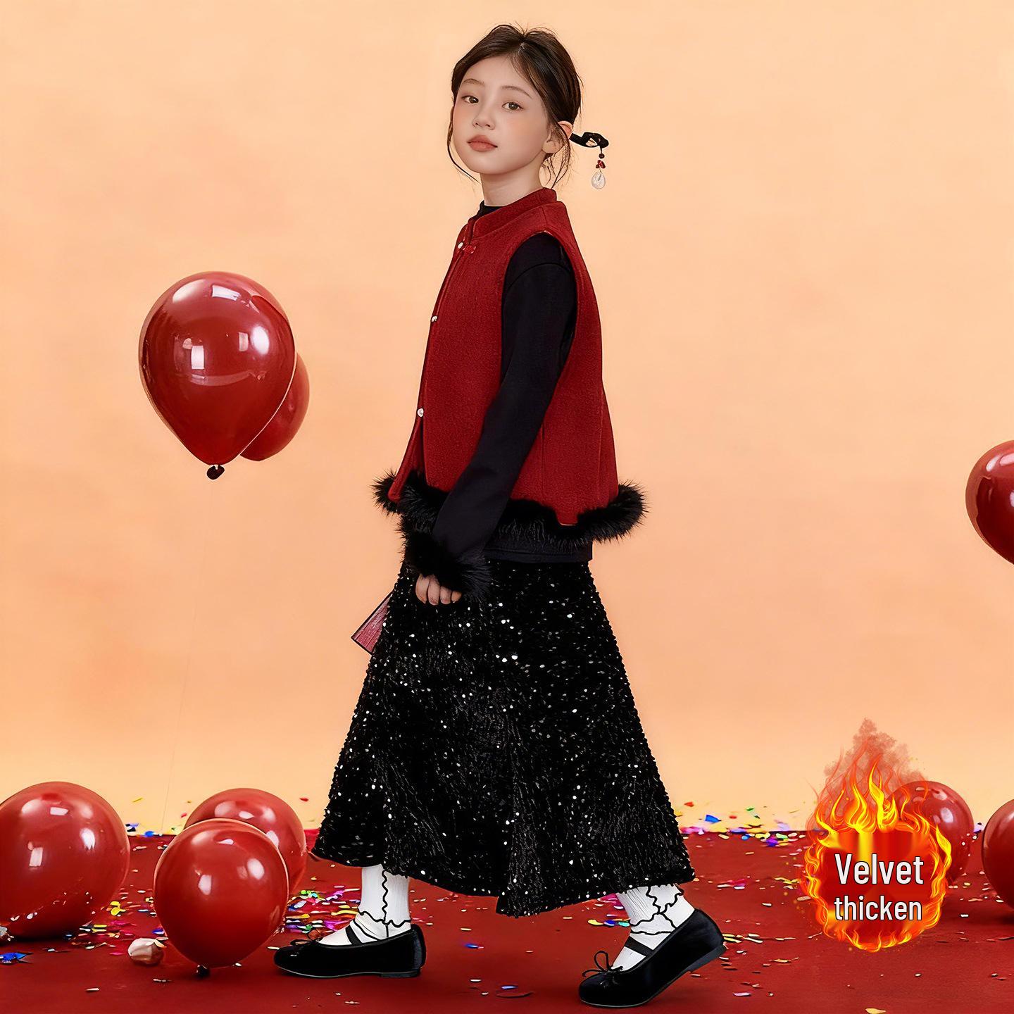 2026 Girls Chinese New Year Velvet Vest Skirt Set - Three-Piece Outfit 120cm
2026 Girls Chinese New Year Velvet Vest Skirt Set - Three-Piece Outfit 120cm