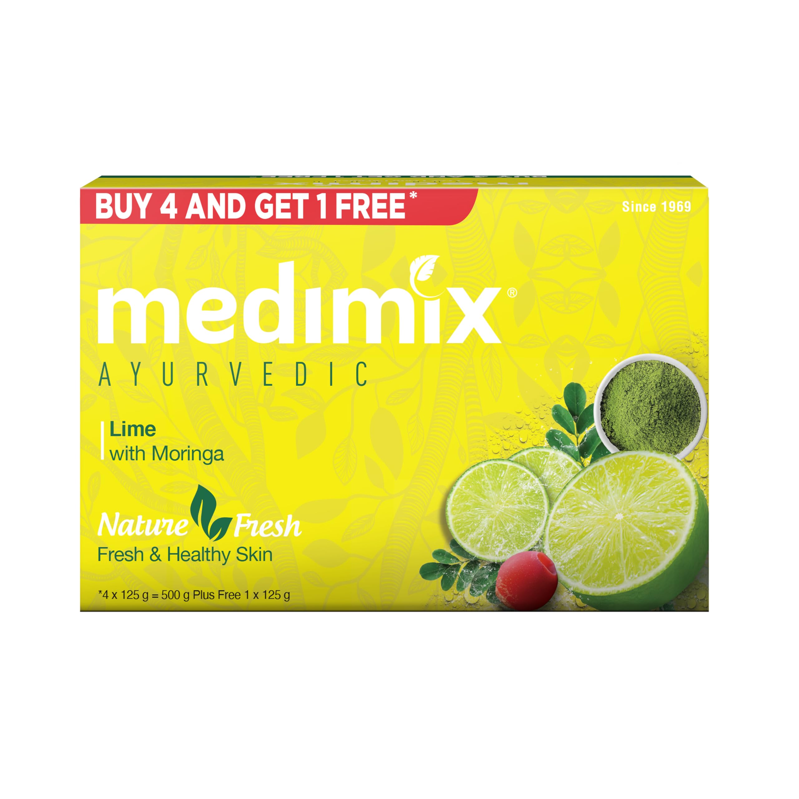 Medimix Ayurvedic Lime with Moringa Bathing Bar Soap 125g (Buy 4, Get 1 Extra Combo Pack) | Refreshed & Nourished Skin | Shop Herbal | Natural | Pa
Medimix Ayurvedic Lime with Moringa Bathing Bar Soap 125g (Buy 4, Get 1 Extra Combo Pack) | Refreshed & Nourished Skin | Shop Herbal | Natural | Pa