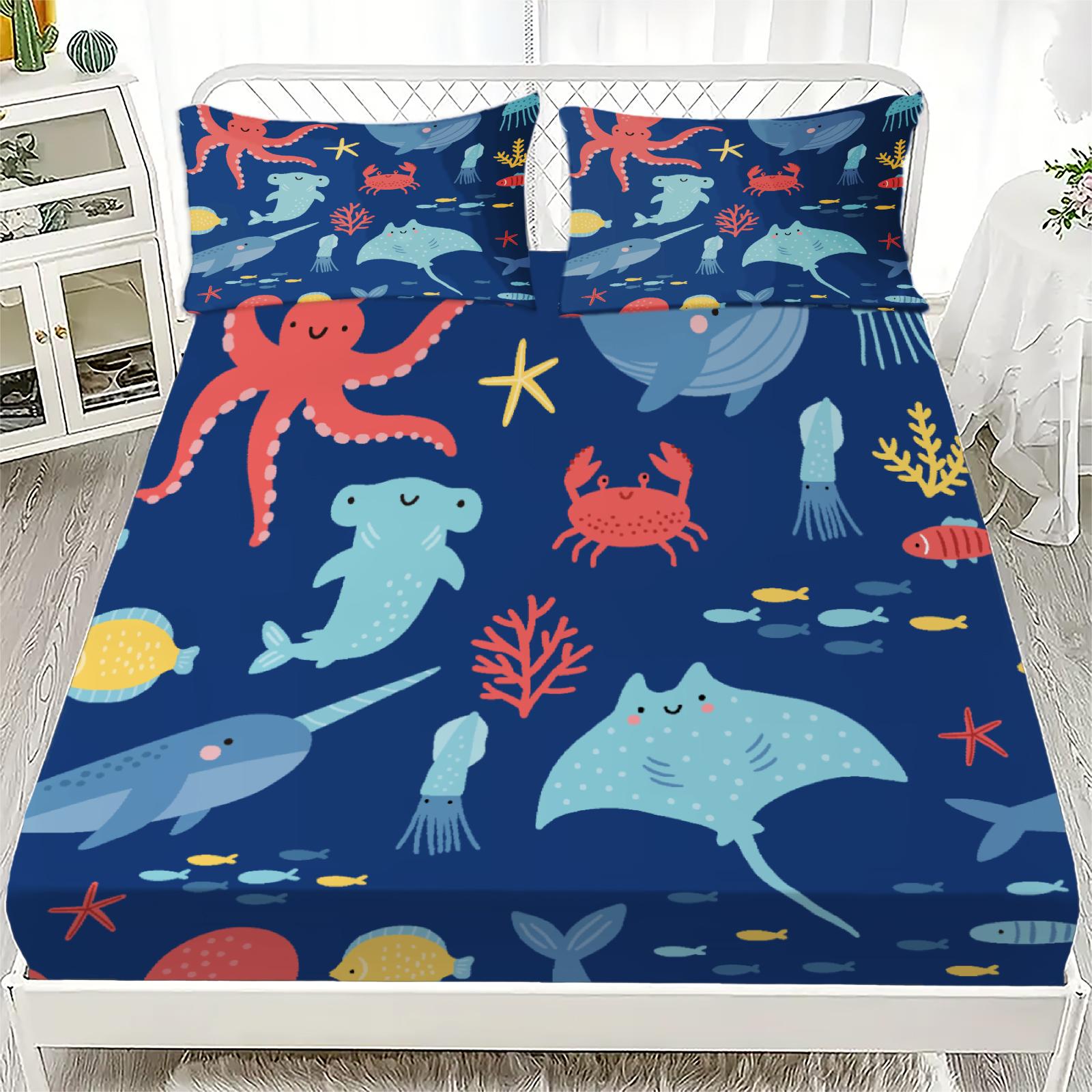 3PCS Blue Fitted Sheet Set, 100% Polyester Soft Machine Washable with 2 Pillowcases, Ocean Animals Print Gifts for Children Room 100x200x25cm
3PCS Blue Fitted Sheet Set, 100% Polyester Soft Machine Washable with 2 Pillowcases, Ocean Animals Print Gifts for Children Room 100x200x25cm
