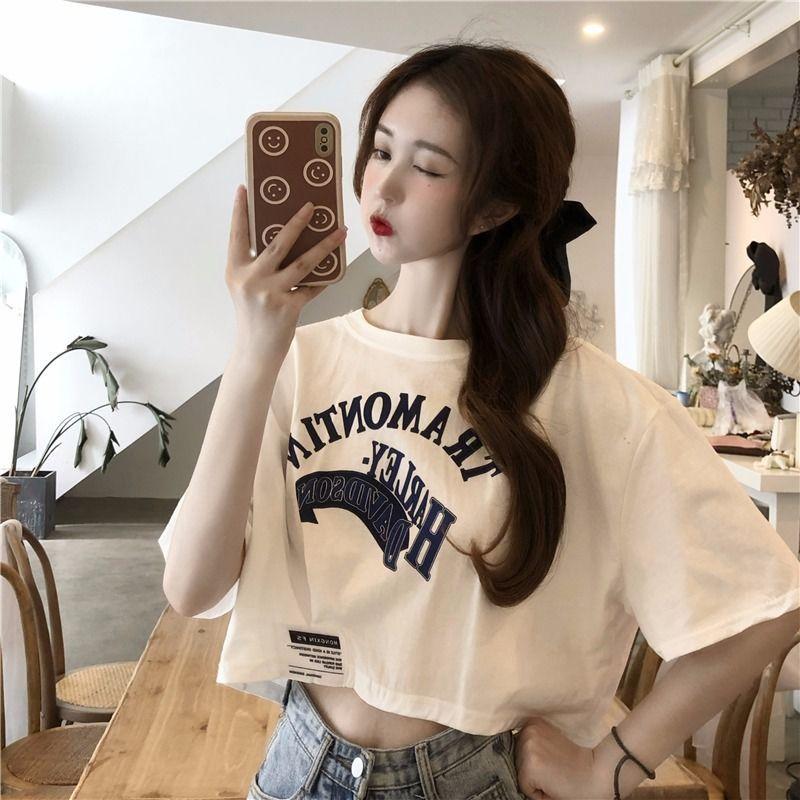 WTEMPO Брендовые летние повседневные свободные короткие топы с коротким рукавом и принтом, летние хлопковые топы, женские облегающие нишевые короткие свободные футболки XL белый