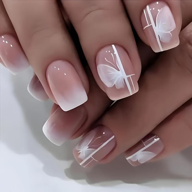 24-Piece Glossy Butterfly Square Nails with White Gradient and Stripes - Fresh, Fashionable, Versatile Nail Art
24-Piece Glossy Butterfly Square Nails with White Gradient and Stripes - Fresh, Fashionable, Versatile Nail Art