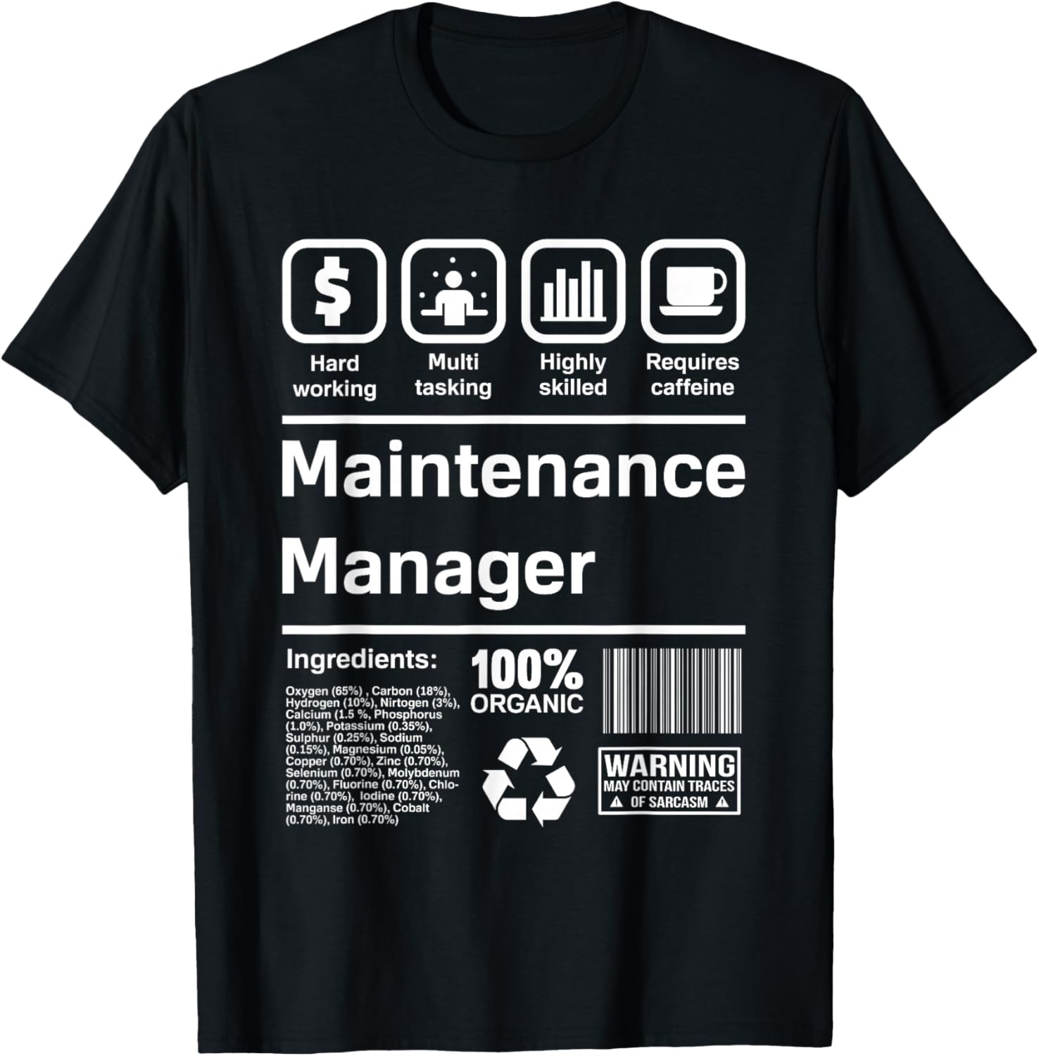 Maintenance Manager Funny Gift Graphic Tee Hard Working Multi Tasking Requires Caffeine T-Shirt 4XL
Maintenance Manager Funny Gift Graphic Tee Hard Working Multi Tasking Requires Caffeine T-Shirt 4XL