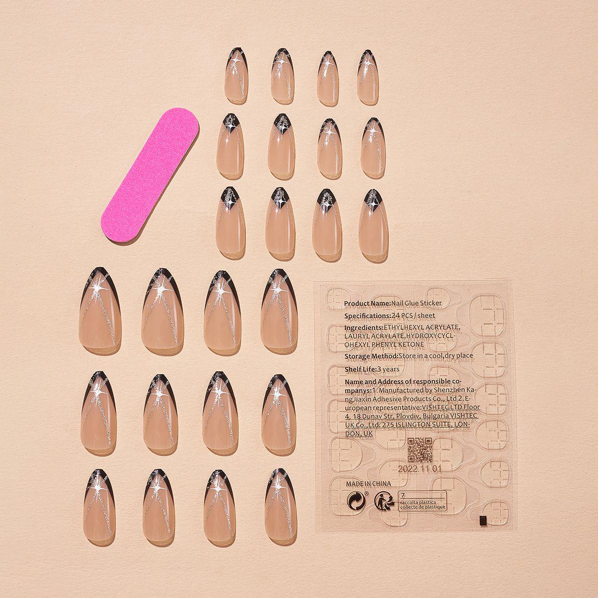 Миндалевидные накладные французские ногти: Дизайн с золотыми линиями и звездами
Миндалевидные накладные французские ногти: Дизайн с золотыми линиями и звездами