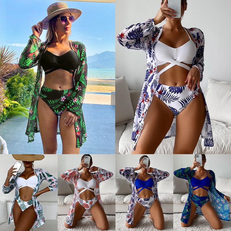 Satın alın Sexy Print Strapped 3PCS Mesh Cover Up Coat Bikini Set