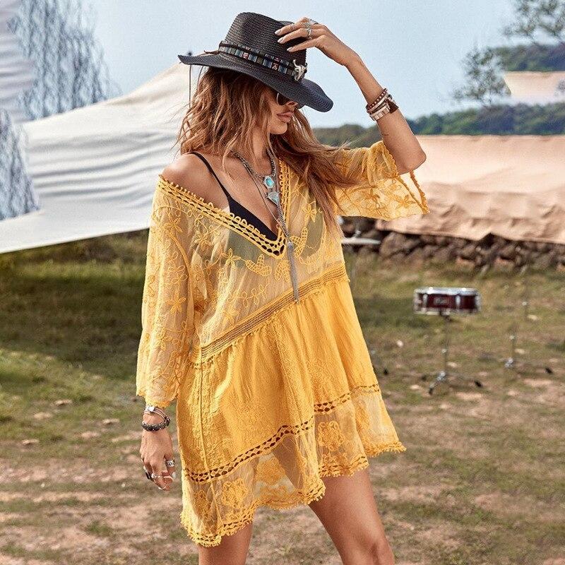 Lace Embroidered Sunscreen Blouse Woman Summer V-neck See Through Sexy Bikini Shirts Women Loose Solid Casual Blusas One Size жовтий
Lace Embroidered Sunscreen Blouse Woman Summer V-neck See Through Sexy Bikini Shirts Women Loose Solid Casual Blusas One Size жовтий
