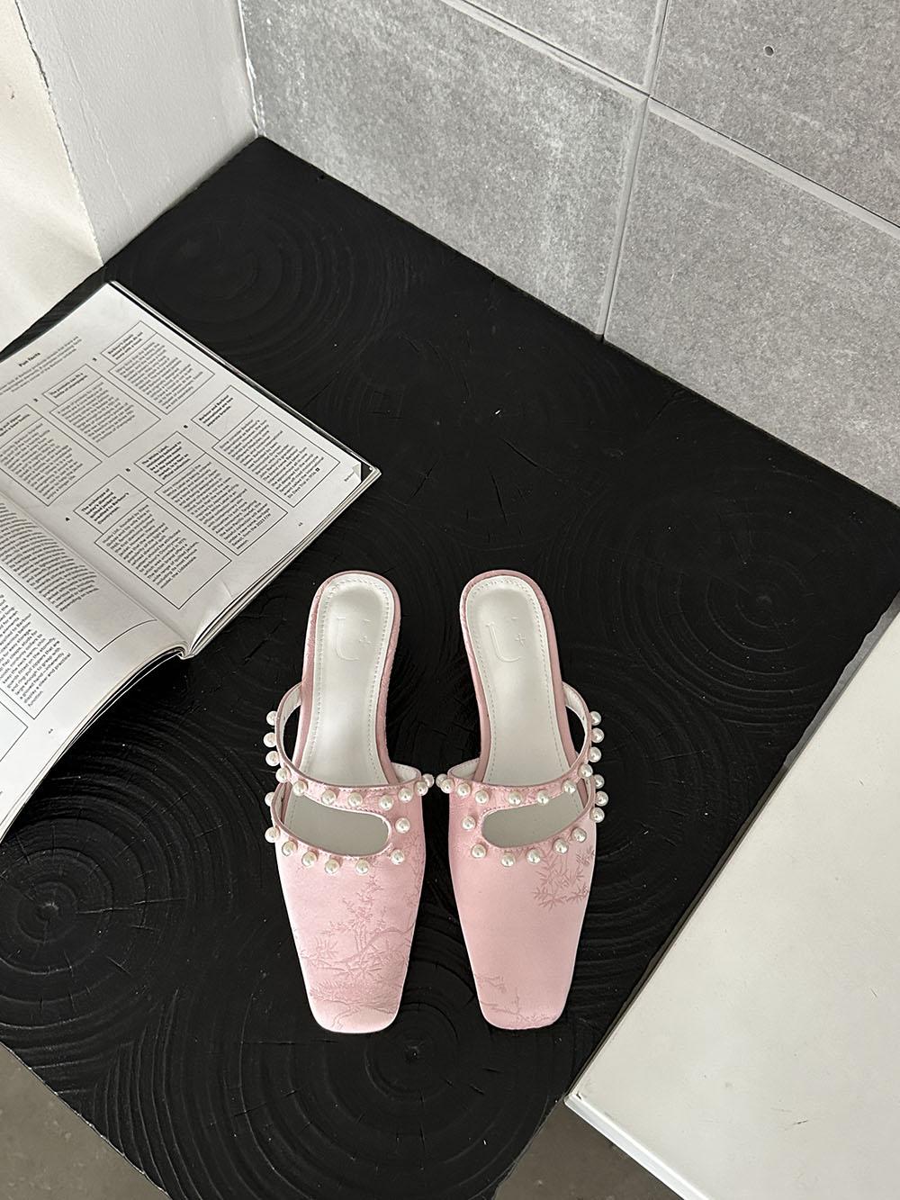 Модные женские тапочки с квадратным носком, летние уличные туфли-мюли, черные, белые, розовые, с жемчужным дизайном, повседневные туфли на толстом среднем каблуке, туфли-лодочки для вечеринок, размеры 35-39 7.5 розовый