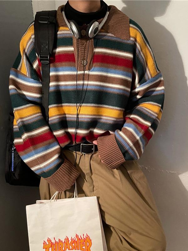 Мужской вязаный свитер в ретро американском стиле в полоску с отложным воротником, 2023 M
Мужской вязаный свитер в ретро американском стиле в полоску с отложным воротником, 2023 M