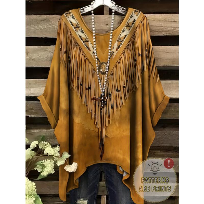 Ladies Plus Size Loose Camel Brown Tassel Hem T-Shirt - Boho Style Full Tassel Print Round Neck Short Sleeve Top 1XL
Ladies Plus Size Loose Camel Brown Tassel Hem T-Shirt - Boho Style Full Tassel Print Round Neck Short Sleeve Top 1XL
