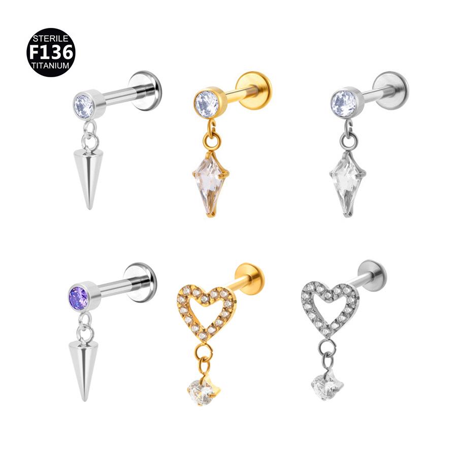 F136 Titanium Alloy 0.9 Tooth Pendant Zircon Micro-Paved Flat Bar Earrings with Peach Heart Star Piercing Studs. 1.2x4mm
F136 Titanium Alloy 0.9 Tooth Pendant Zircon Micro-Paved Flat Bar Earrings with Peach Heart Star Piercing Studs. 1.2x4mm