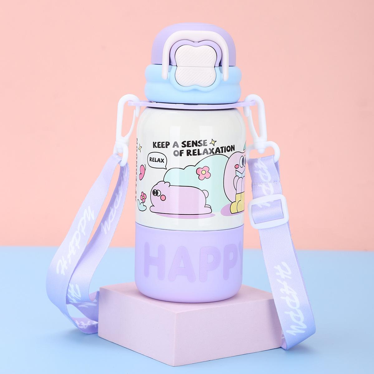 Новая детская термокружка из нержавеющей стали с мультяшным милым рисунком, три чашки для питья, переносная чашка с трубочкой 500ml