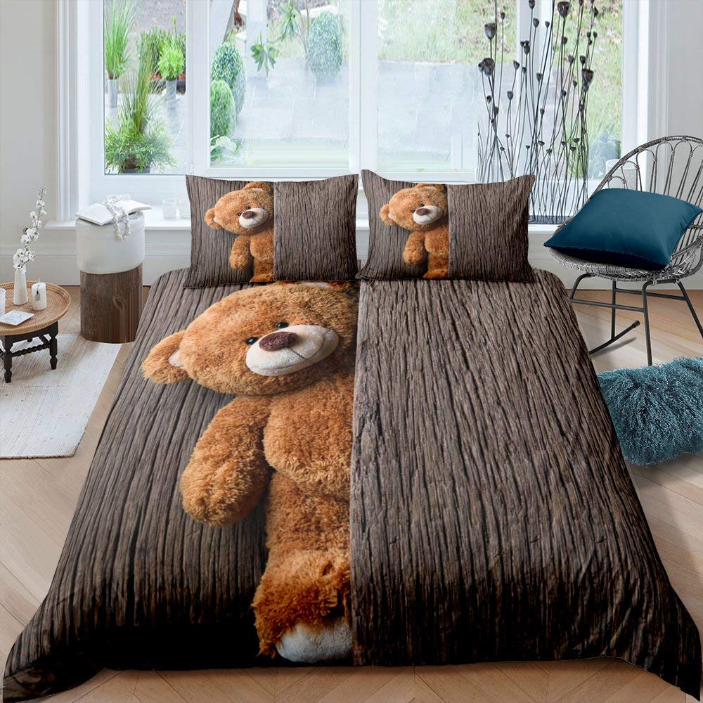 Милый игрушечный медведь, комплект постельного белья, серый пододеяльник с изображением мультяшных животных, розовый и синий комплект постельного белья из полиэстера, 3 шт. для мальчиков и девочек EU Single(135x200cm)