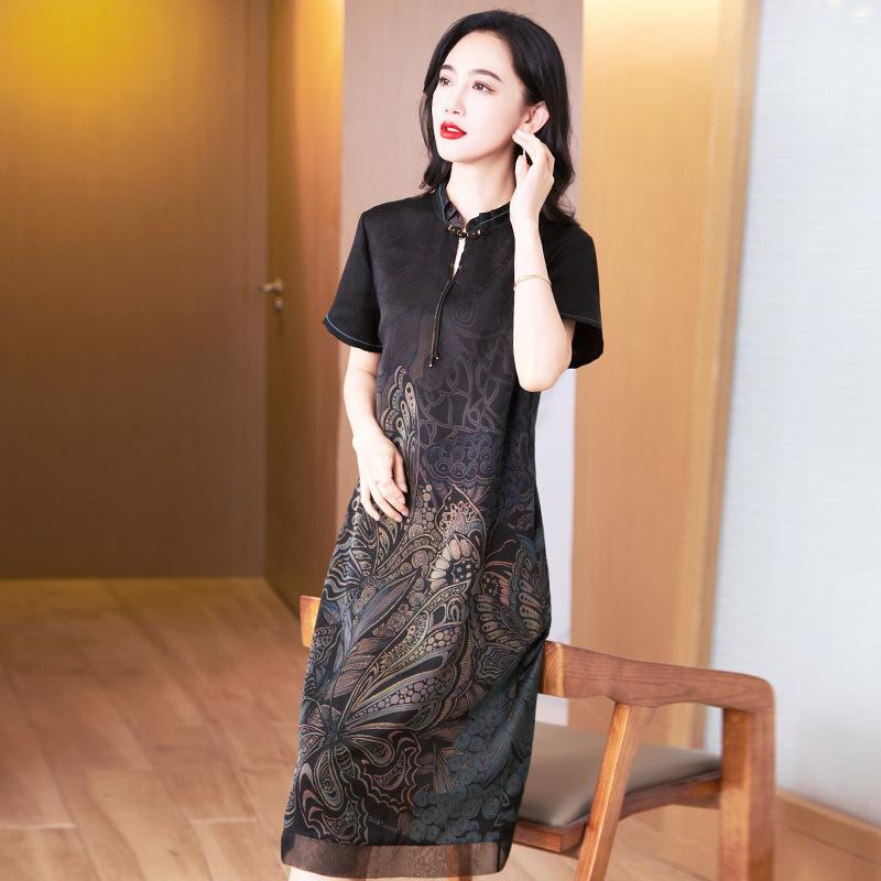 Цветочное платье из пряжи «ароматное облако», летнее платье, шелковое платье, миди, шелк тутовый, длинная юбка L чёрный