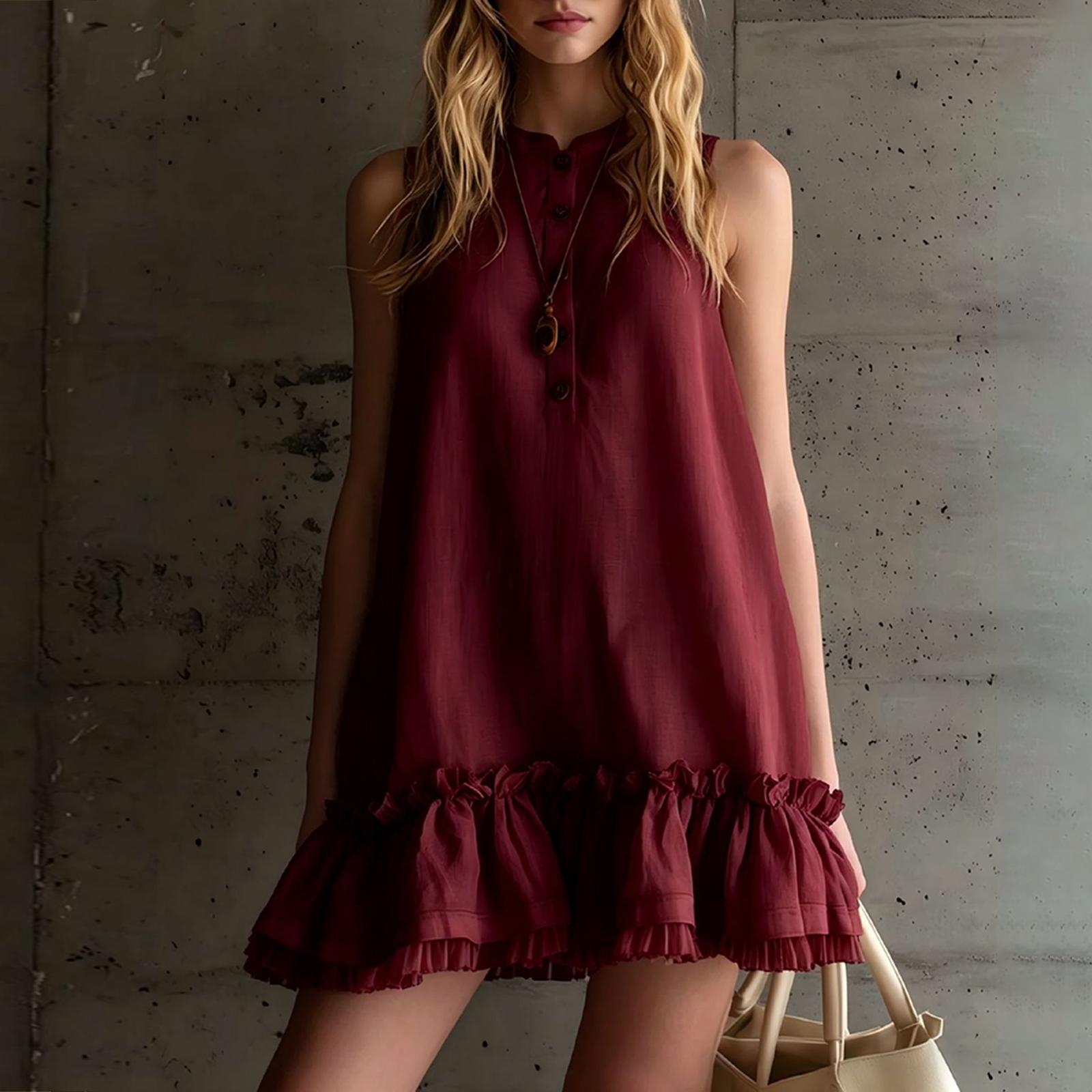 Women Sleeveless Mini Dress Vintage Style Loose Fit Ruffle Hem Casual Summer Dress Button Front Detail S винный
Women Sleeveless Mini Dress Vintage Style Loose Fit Ruffle Hem Casual Summer Dress Button Front Detail S винный