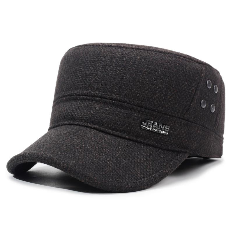 Мужская шляпа среднего возраста Зимняя теплая защита ушей Хлопковая шапка Толстая шерстяная шляпа с плоским верхом Шляпа для занятий спортом на открытом воздухе кофейный