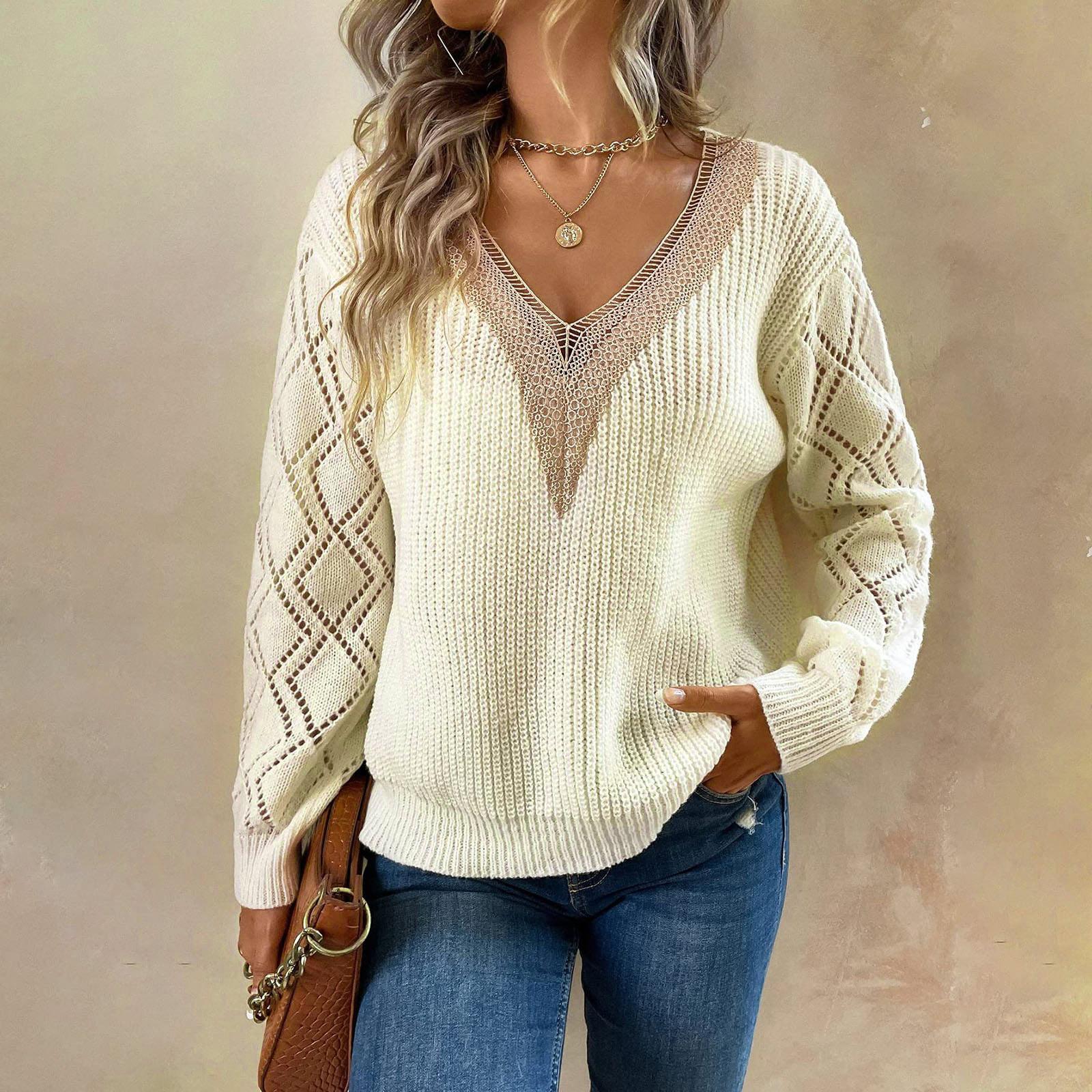 Женская мода, повседневный полый кружевной пуловер с v-образным вырезом, однотонный свободный легкий топ с длинными рукавами, вязаный свитер L белый
Женская мода, повседневный полый кружевной пуловер с v-образным вырезом, однотонный свободный легкий топ с длинными рукавами, вязаный свитер L белый