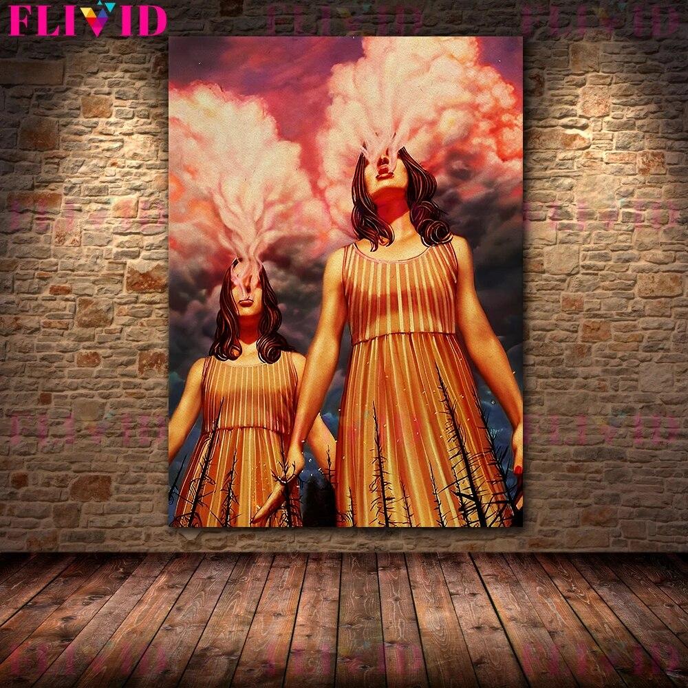 Игра «Девушка на Луне», художественная ткань «Огненная стена», напечатанная в сюрреалистическом лесу, постер в стиле фэнтези «Грибная девушка», декоративная печать без рамки 21*30cm