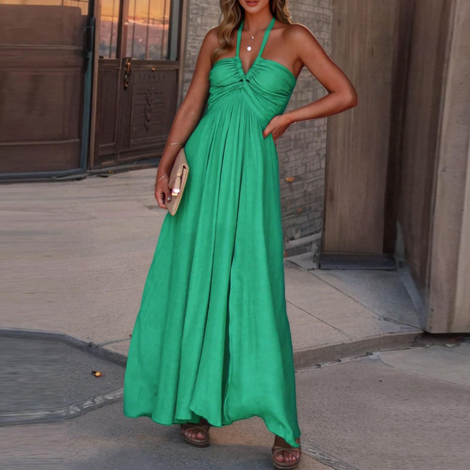 Женские модные бретельки сексуальные спинки талии висячие шеи разрез однотонные платья XL зелёный