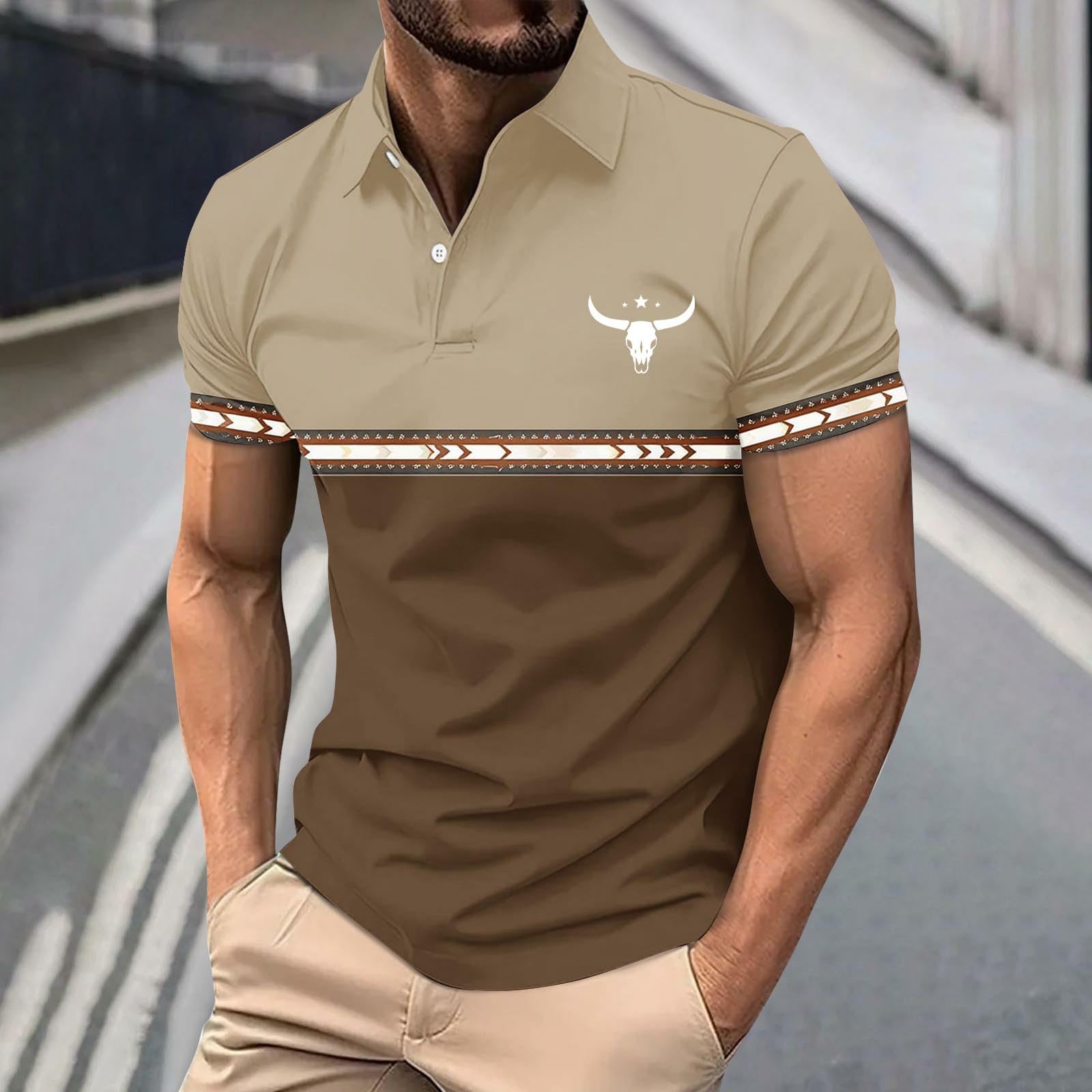 Men’s Short Sleeve Polo Shirt with Western Bull Skull Print Panel Design Classic Fit Button Down Collar M
Men’s Short Sleeve Polo Shirt with Western Bull Skull Print Panel Design Classic Fit Button Down Collar M