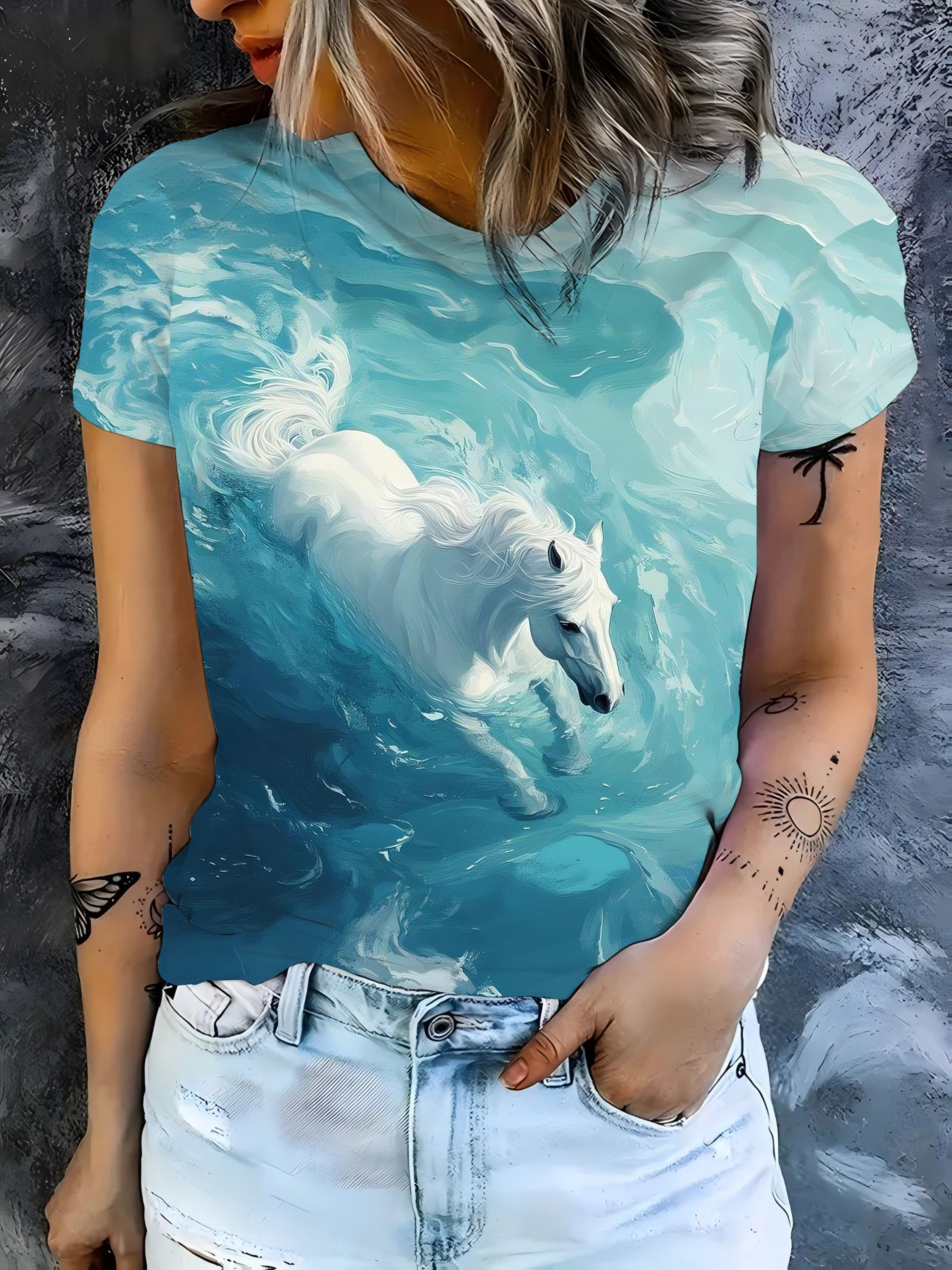 Women s oil painting style dreamy blues water scene white horse print short-sleeved T-shirt 4XL
Women s oil painting style dreamy blues water scene white horse print short-sleeved T-shirt 4XL