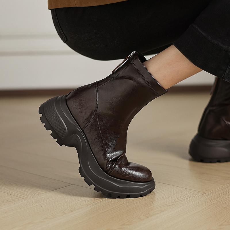 Мода 2025 Новые Осенние Мотоциклетные Женские Ботинки Кожа Овчины Женская Обувь Круглый Носок Массивный Каблук Современная Платформа Эластичные Короткие Ботинки 34