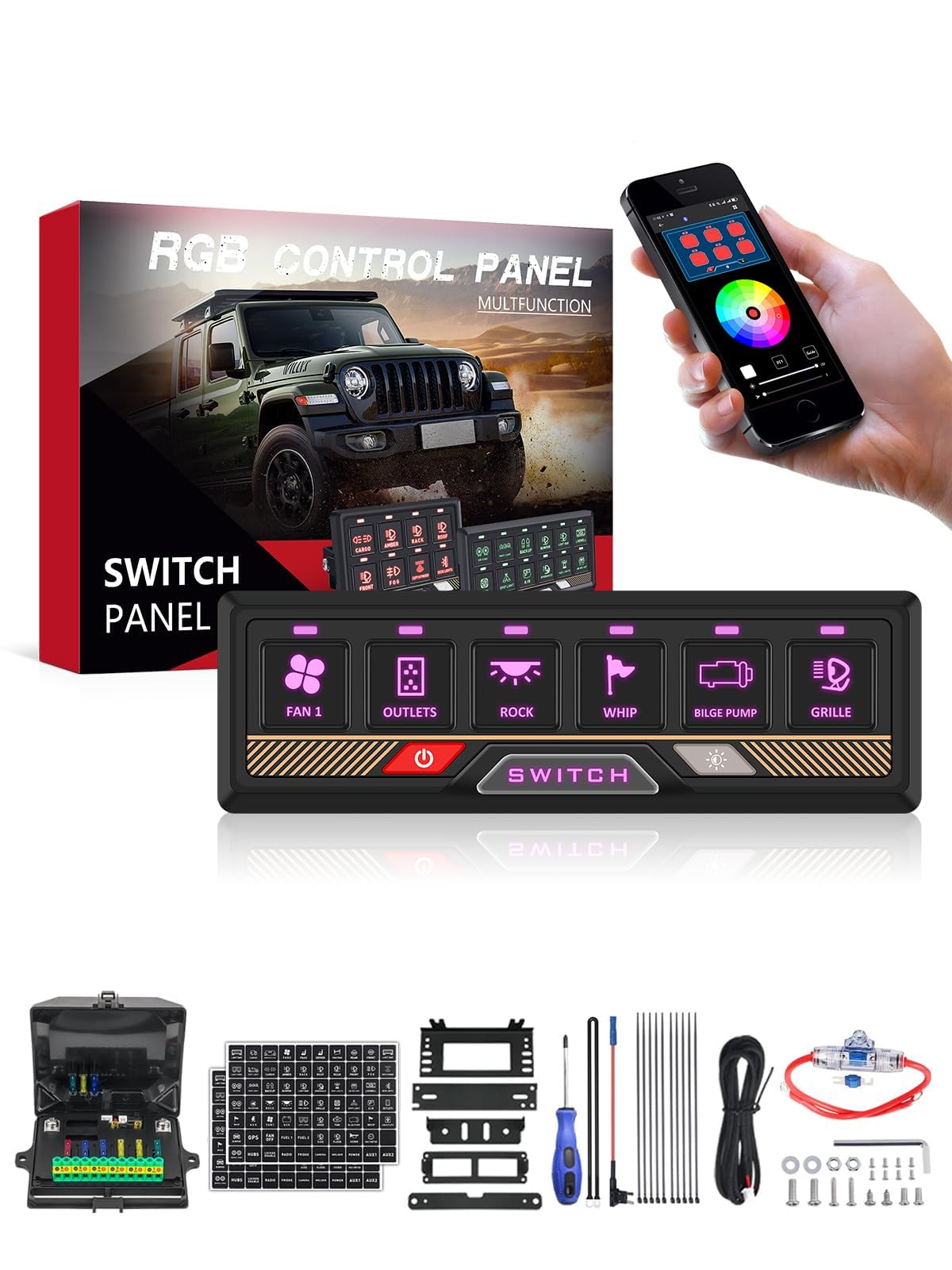 Панель переключателей CHELHEAD с Bluetooth, RGB-подсветкой, стробоскопом, водонепроницаемым управлением, универсальная система реле цепи, совместимая с и внедорожниками, 6-клавишное управление,
Панель переключателей CHELHEAD с Bluetooth, RGB-подсветкой, стробоскопом, водонепроницаемым управлением, универсальная система реле цепи, совместимая с и внедорожниками, 6-клавишное управление,