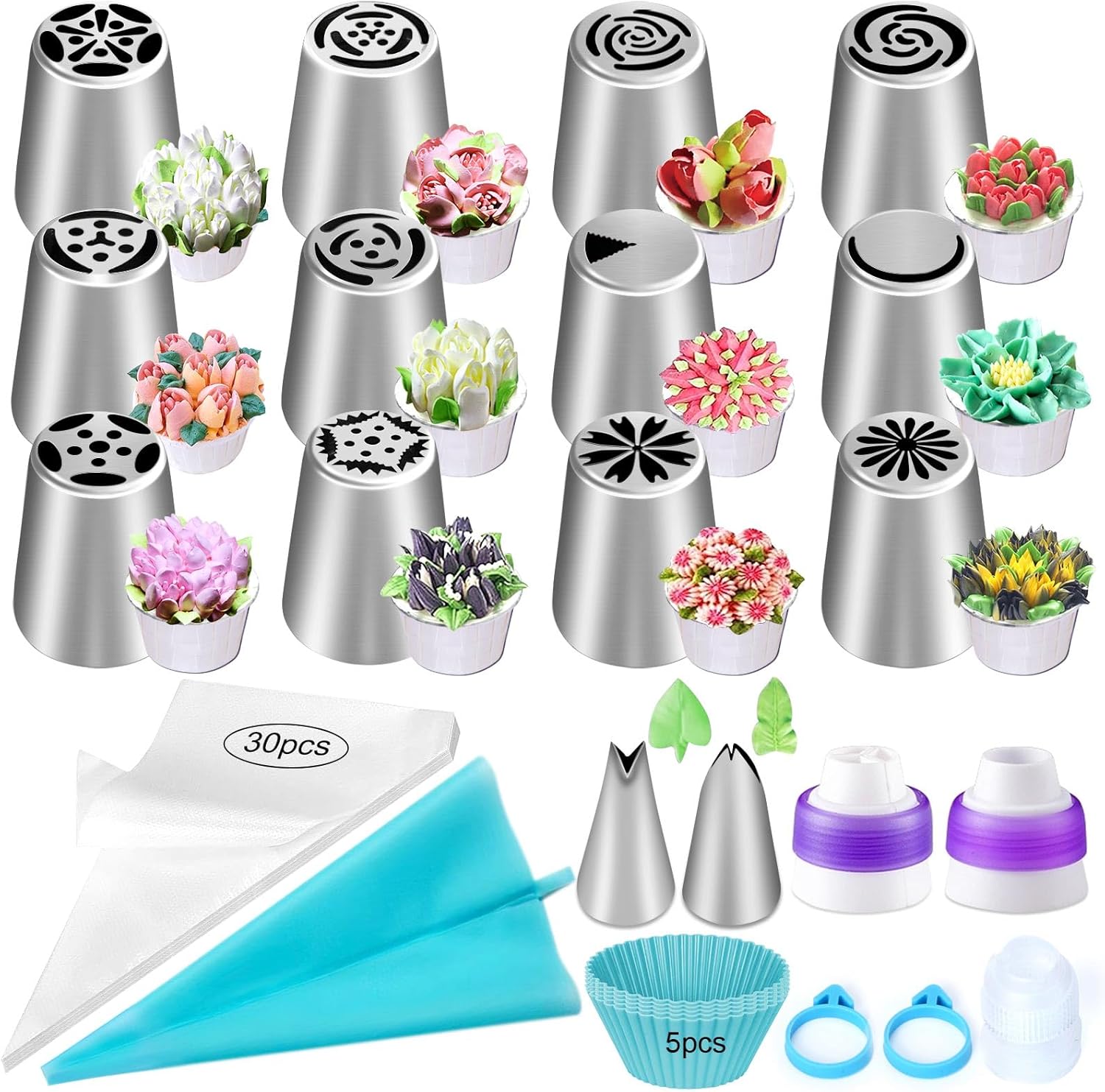 55-piece Russian piping nozzle set, including 12 flower-shaped piping nozzles, piping bags, silicone cups, biscuits, cakes and other accessories
55-piece Russian piping nozzle set, including 12 flower-shaped piping nozzles, piping bags, silicone cups, biscuits, cakes and other accessories