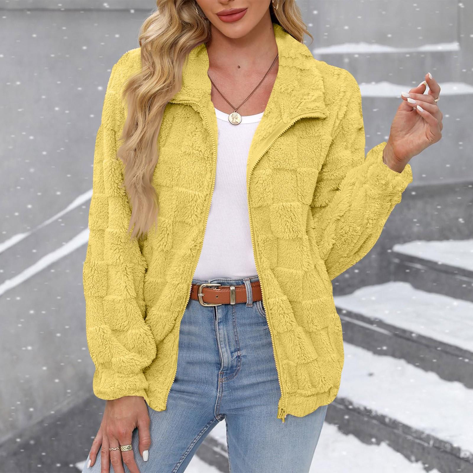 Женская однотонная куртка с длинным рукавом и молнией, мягкая, теплая, плюшевая XL жёлтый