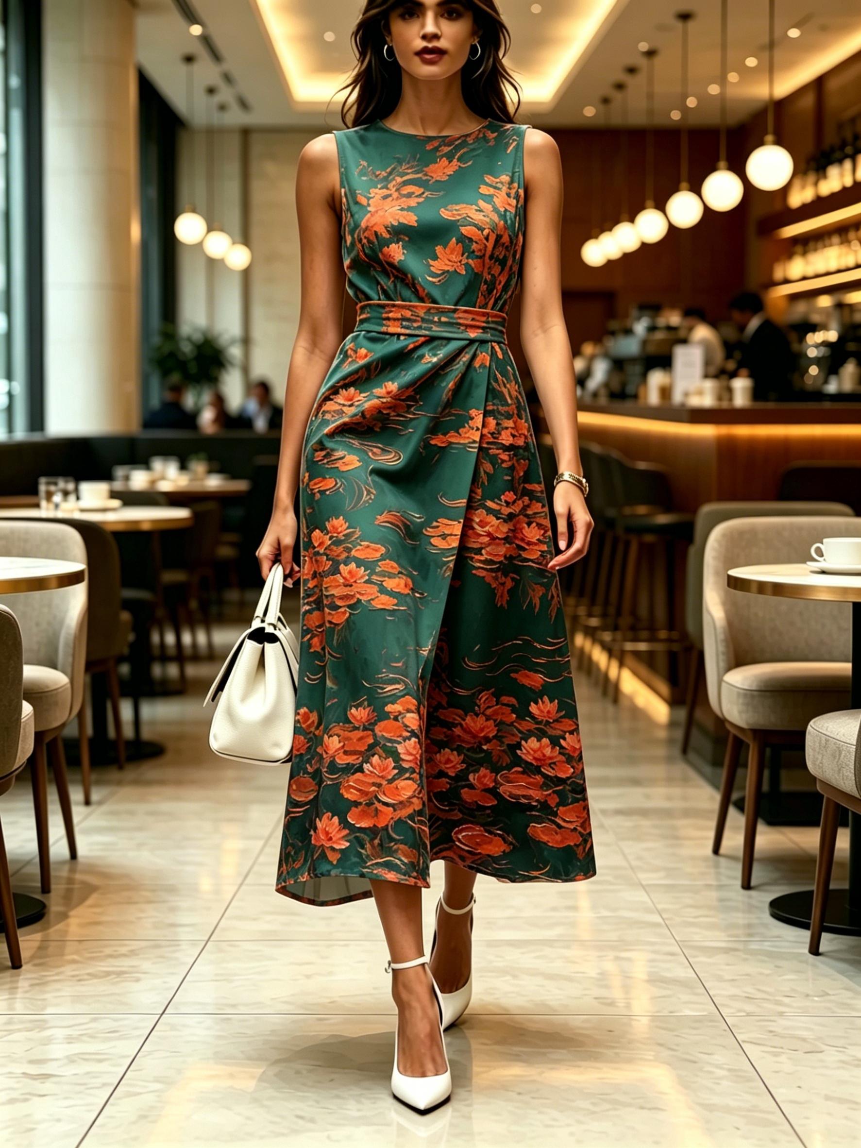 Round neck sleeveless midi dress with lotus print pattern green orange modern elegant casual fashionable womens clothing for spring summer and autumn XXS
Round neck sleeveless midi dress with lotus print pattern green orange modern elegant casual fashionable womens clothing for spring summer and autumn XXS
