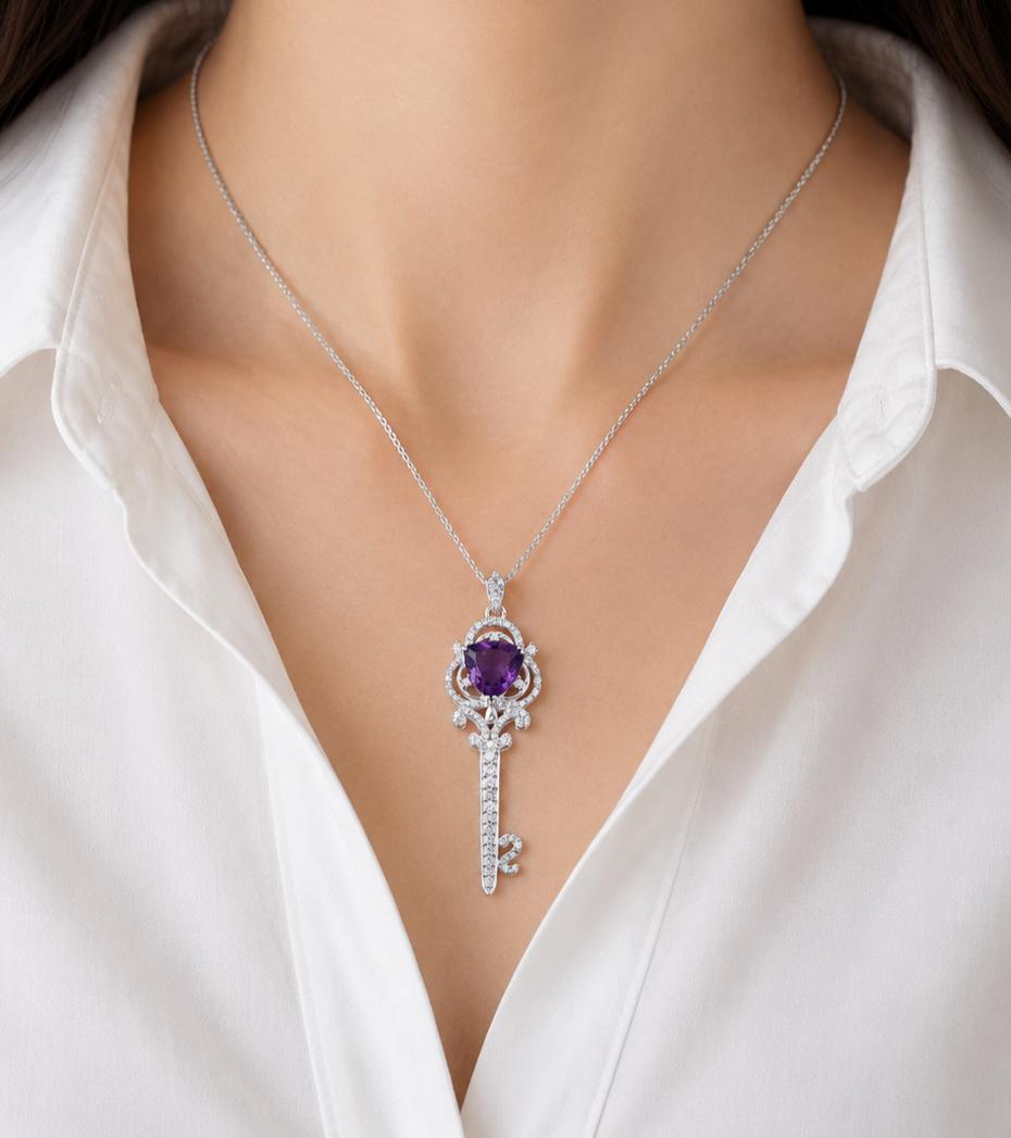 Amethyst Gemstone 925 Sterling Silver Key Pendant 2.1 Necklace for Women, Vintage Key Design with Cubic Zirconia, Birthday Gift For Her CZP-17-9
Amethyst Gemstone 925 Sterling Silver Key Pendant 2.1 Necklace for Women, Vintage Key Design with Cubic Zirconia, Birthday Gift For Her CZP-17-9