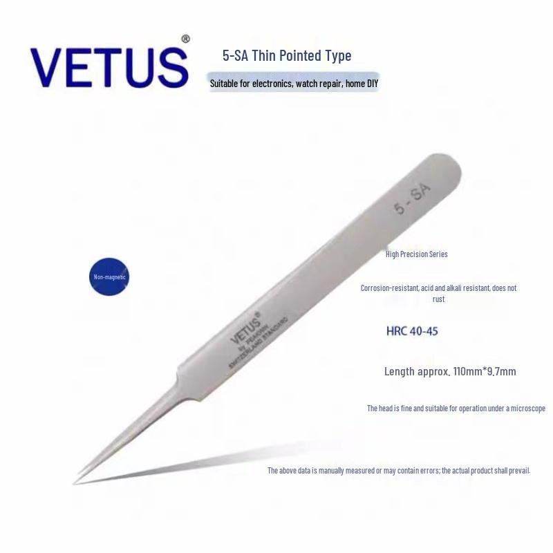 VETUS 5-SA Precision Stainless Steel Anti-Magnetic Tweezers, Acid-Resistant, Pointed Tip for Watchmaking and Mobile Repair
VETUS 5-SA Precision Stainless Steel Anti-Magnetic Tweezers, Acid-Resistant, Pointed Tip for Watchmaking and Mobile Repair