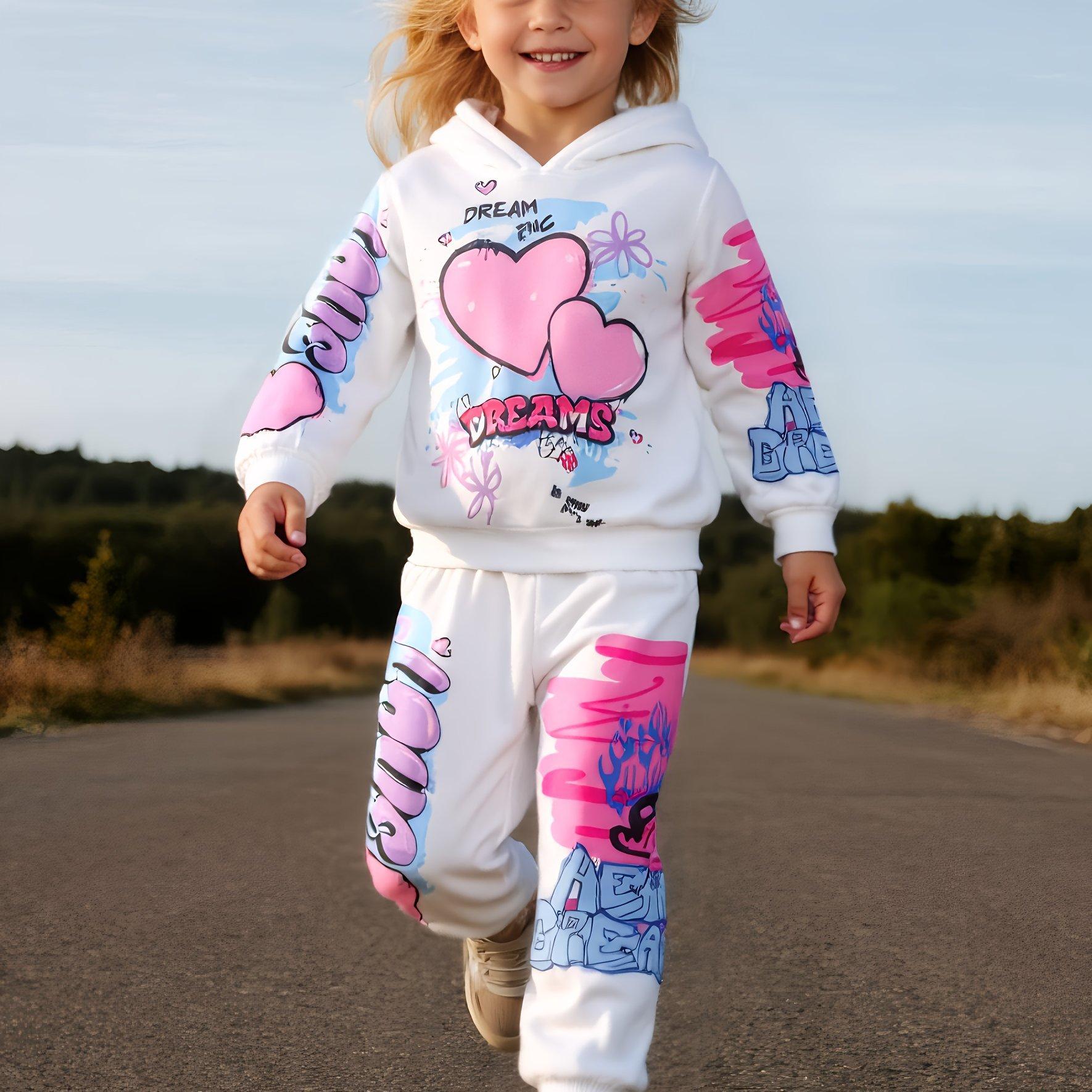 Two-piece girls hooded sweatshirt and sports outfit with graffiti letters and heart prints. Ribbed cuffs design. 7-8Y
Two-piece girls hooded sweatshirt and sports outfit with graffiti letters and heart prints. Ribbed cuffs design. 7-8Y