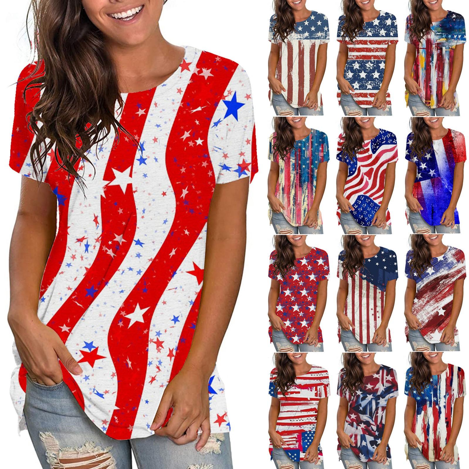 Женская повседневная футболка с круглым вырезом и коротким рукавом с принтом Дня независимости, топы 
Женская повседневная футболка с круглым вырезом и коротким рукавом с принтом Дня независимости, топы