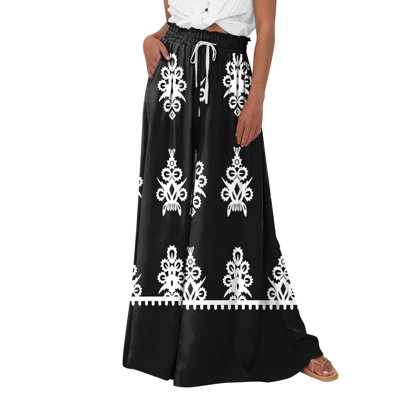 Женские брюки-палаццо с цветочным принтом в стиле бохо, широкие брюки, летние пляжные струящиеся брюки с высокой талией и карманами XXL чёрный
