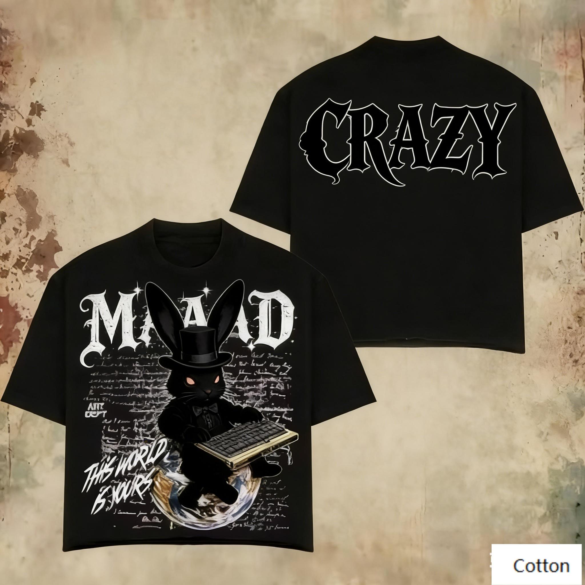 Oversized Black Cotton TShirt with Bold Dark Rabbit Graphic and Gothic CRAZY Text Unisex Streetwear Tee for Unisex and Women 4XL
Oversized Black Cotton TShirt with Bold Dark Rabbit Graphic and Gothic CRAZY Text Unisex Streetwear Tee for Unisex and Women 4XL