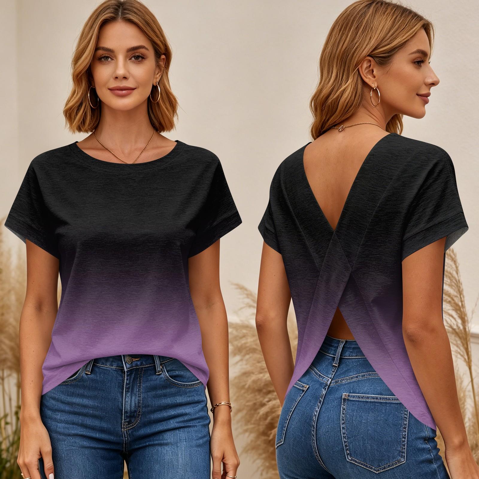 Women Short Sleeve T-Shirt Gradient Print Cross Back Open Back Top Casual Lightweight Summer Tee S фиолетовый
Women Short Sleeve T-Shirt Gradient Print Cross Back Open Back Top Casual Lightweight Summer Tee S фиолетовый