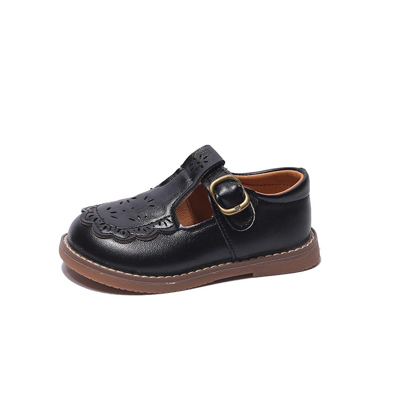 Туфли принцессы из кожи для девочек, однотонные детские туфли с вырезами на плоской подошве, модные детские школьные туфли с Т-образным ремешком, повседневные, прогулочные, нескользящие 21 чёрный
