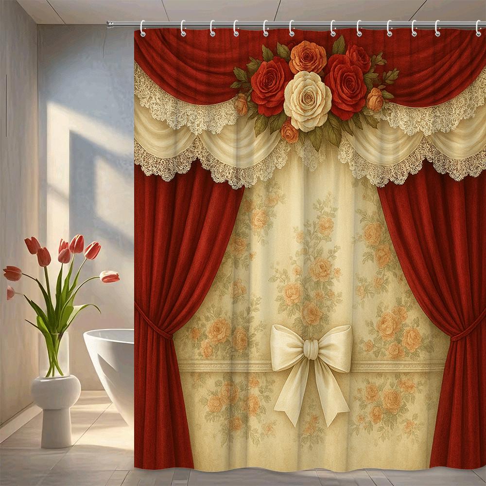 Elegant Red And Gold Curtain Style Shower Curtain Vintage Rose Pattern With Lace Bow Waterproof Easy To Install Elevate Space W60H190(CM)-1 Pcs
Elegant Red And Gold Curtain Style Shower Curtain Vintage Rose Pattern With Lace Bow Waterproof Easy To Install Elevate Space W60H190(CM)-1 Pcs