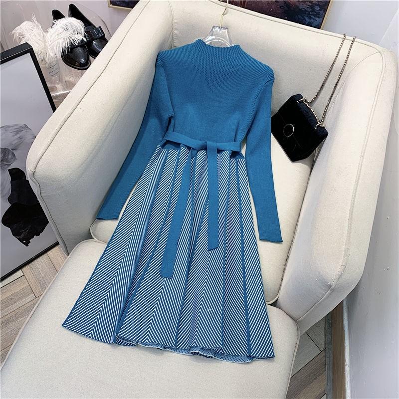 Women Elegant Knitwear Knee Length Vestidos Korean Stripe Knitted Midi Dresses with Belt Spring Fall Slim Long Sleeve Elbise XXXL синій
Women Elegant Knitwear Knee Length Vestidos Korean Stripe Knitted Midi Dresses with Belt Spring Fall Slim Long Sleeve Elbise XXXL синій