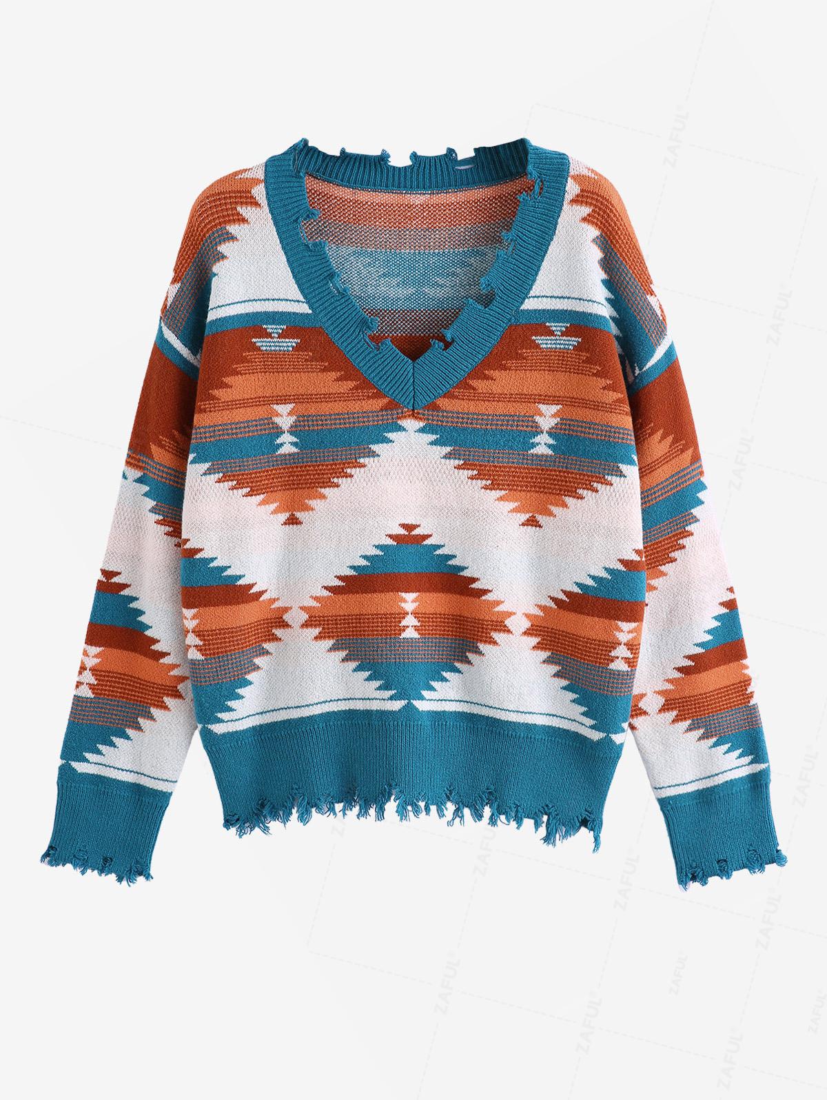 ZAFUL Women s V Neck Ethnic Style Tribal Geo Aztec Printed Graphic Ripped Distressed Pullover Jumper Sweater
ZAFUL Women s V Neck Ethnic Style Tribal Geo Aztec Printed Graphic Ripped Distressed Pullover Jumper Sweater