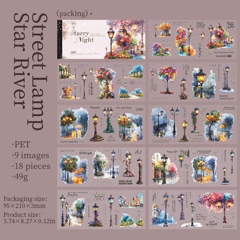 18pcs Large size Starry Night Light Die-cutting PET Sticker book DIY Scrapbook Album Diary Stationery Decoration Sticker
18pcs Large size Starry Night Light Die-cutting PET Sticker book DIY Scrapbook Album Diary Stationery Decoration Sticker