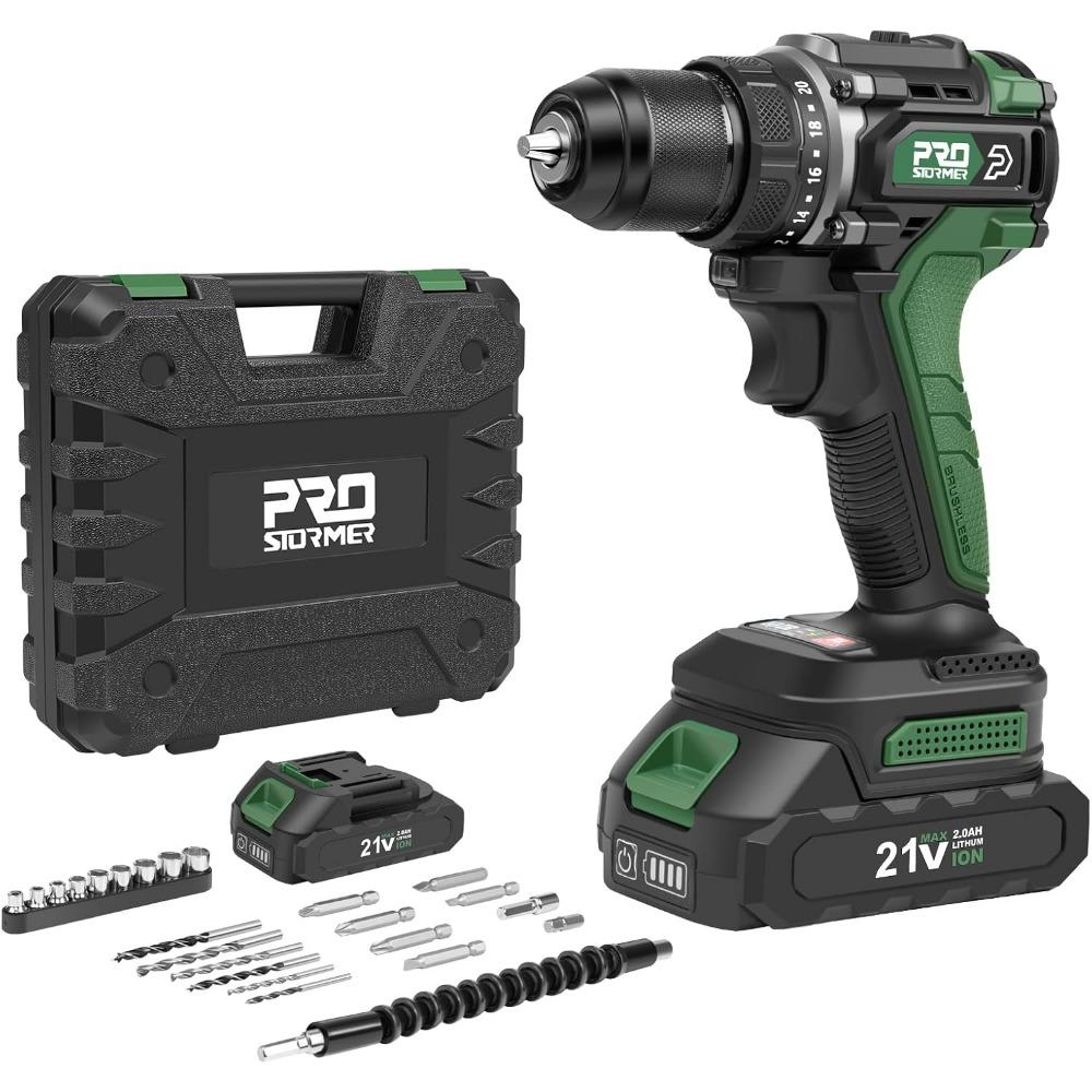 Brushless Power Drill Set, 575 in.lbs Drill Driver, 20+1 Max Torque, 3/8 Keyless Chuck, 2pcs Battery & Charger with Storage Box United States
Brushless Power Drill Set, 575 in.lbs Drill Driver, 20+1 Max Torque, 3/8 Keyless Chuck, 2pcs Battery & Charger with Storage Box United States