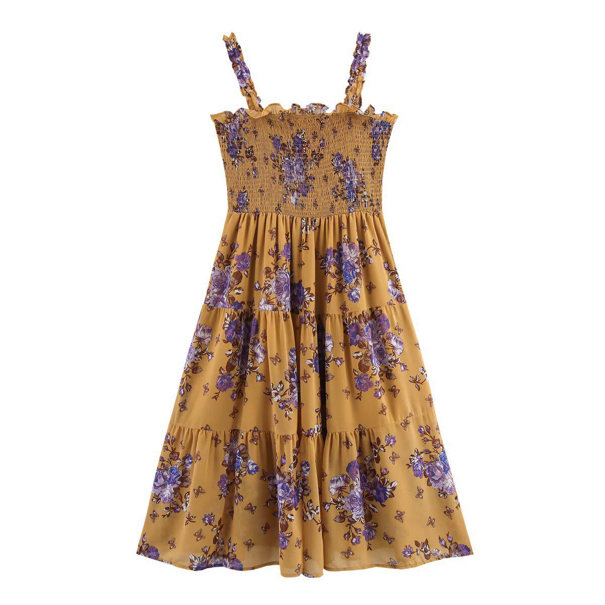 Весна 2025 Европейский и Американский Стиль Женское Шифоновое Платье-Слинг с Принтом и Сборкой на Талии Large